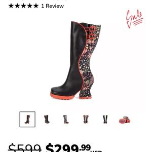 John Fluevog Stop It Pare Black and Floral Heeled Boots with Red Trim